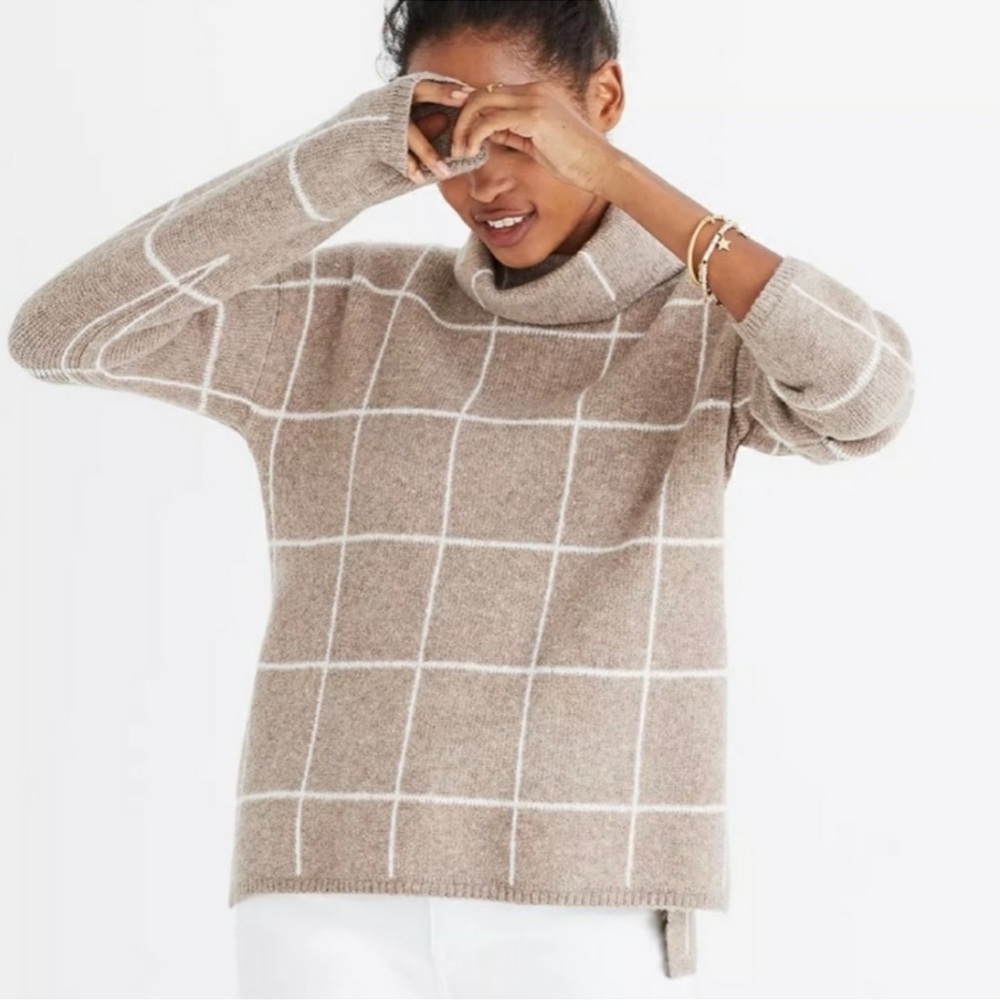 Madewell Windowpane Turtleneck Sweater Tan White Wool Blend H3434 XS